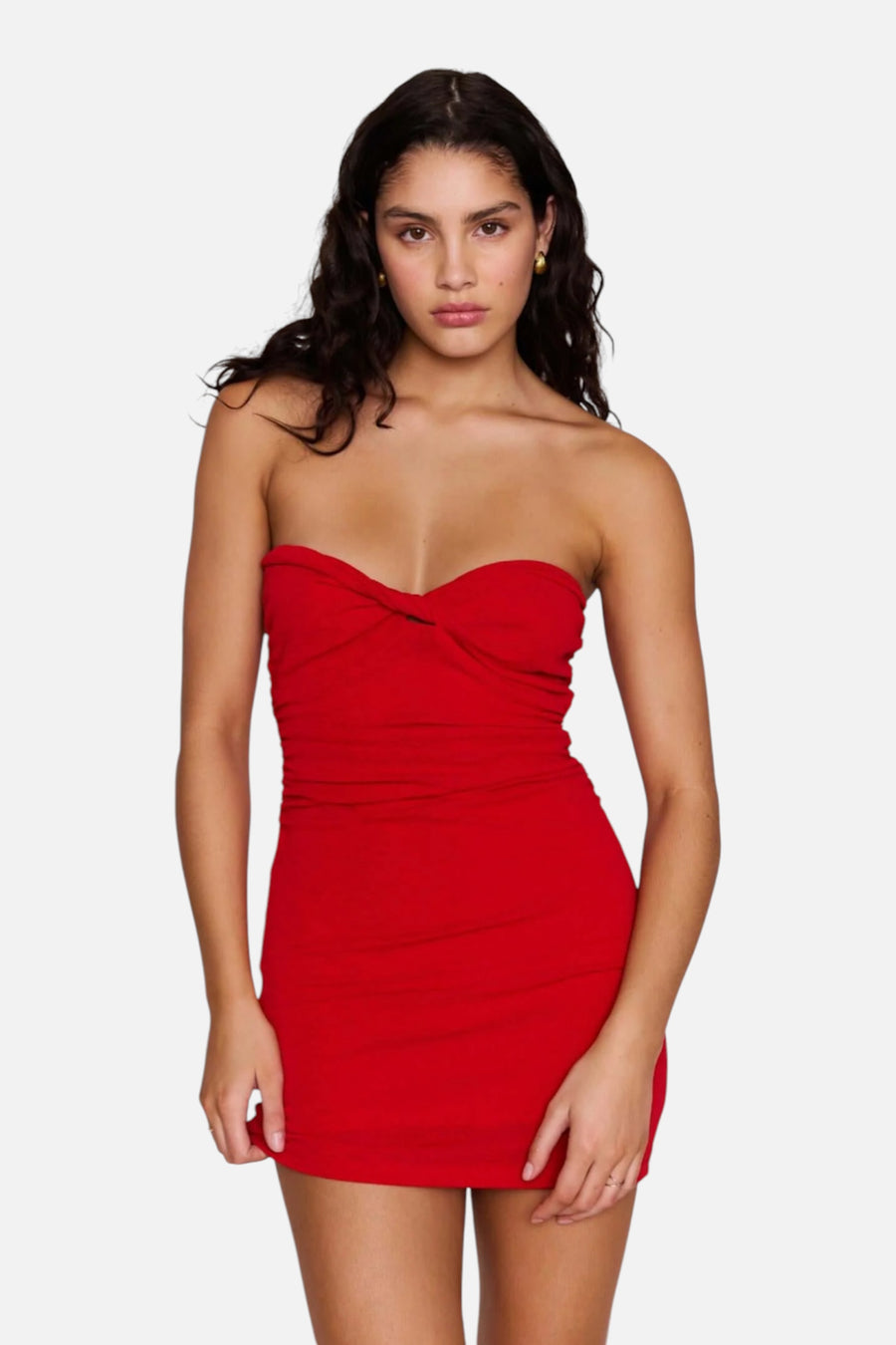 Minkpink Rosa Red Strapless Twist Mini Dress – on model
