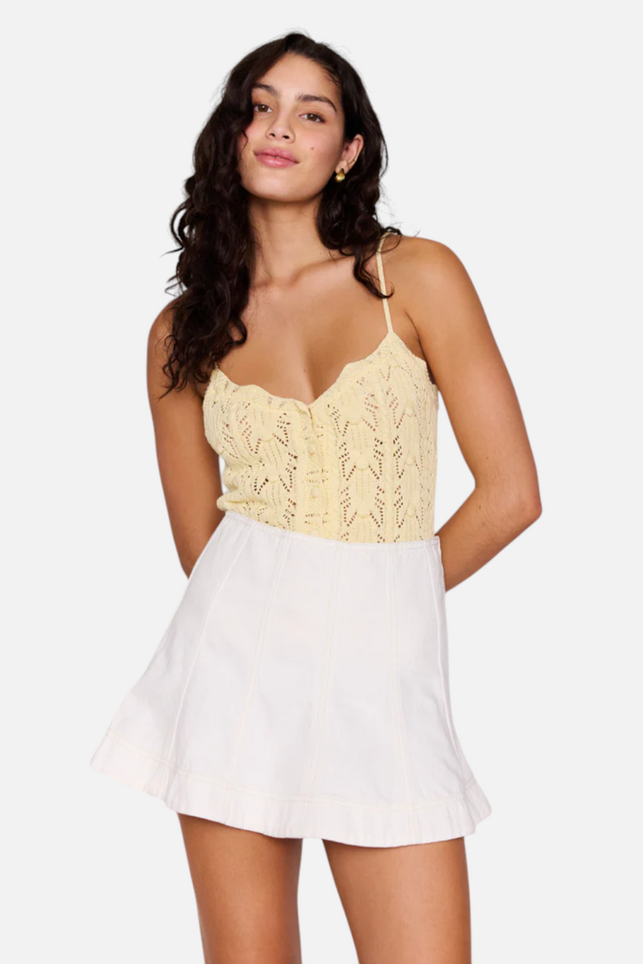 MINKPINK Sienna Pointelle Knit Cami in Butter – front view