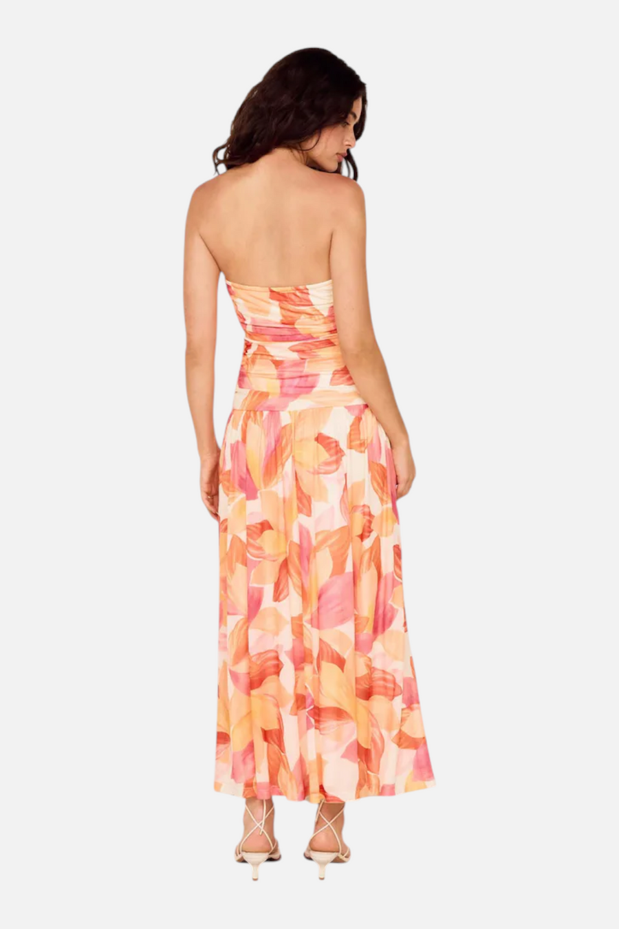 MINKPINK Solana Mesh Midi Dress in Abstract Leaf – flat lay