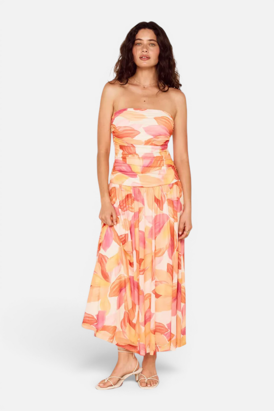 MINKPINK Solana Mesh Midi Dress in Abstract Leaf – front view