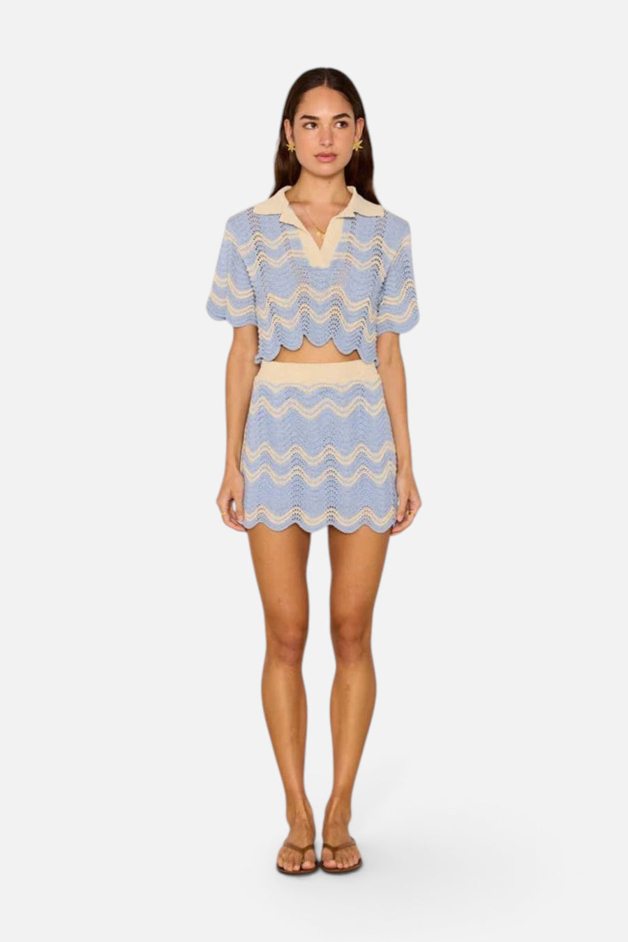 MinkPink Solange Knit Mini Skirt in Sky Blue – flat lay