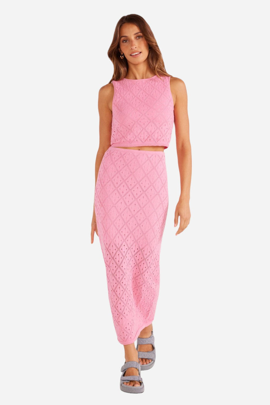 MinkPink Solano Diamond Knit Midi Skirt in Hot Pink – front view