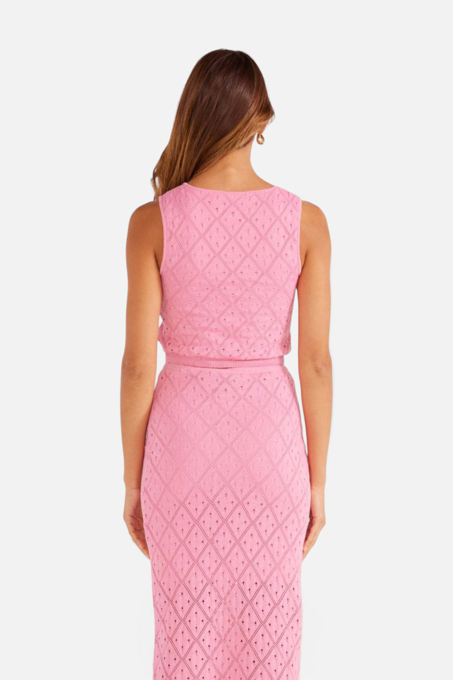 MinkPink Solano Diamond Knit Midi Skirt in Hot Pink – side view