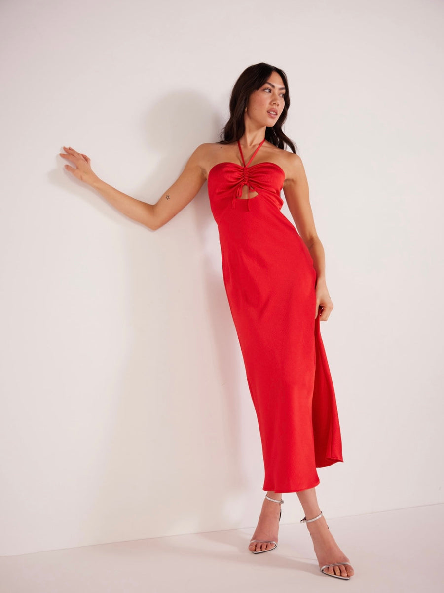 Minkpink Sonia Halter Neck Midi Dress in Red – side view