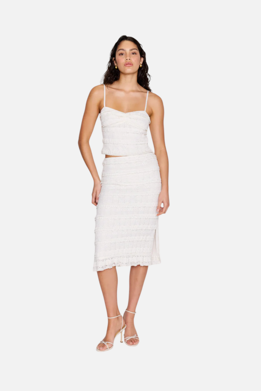 MINKPINK Sophia Lace Midi Skirt in Off White – front view