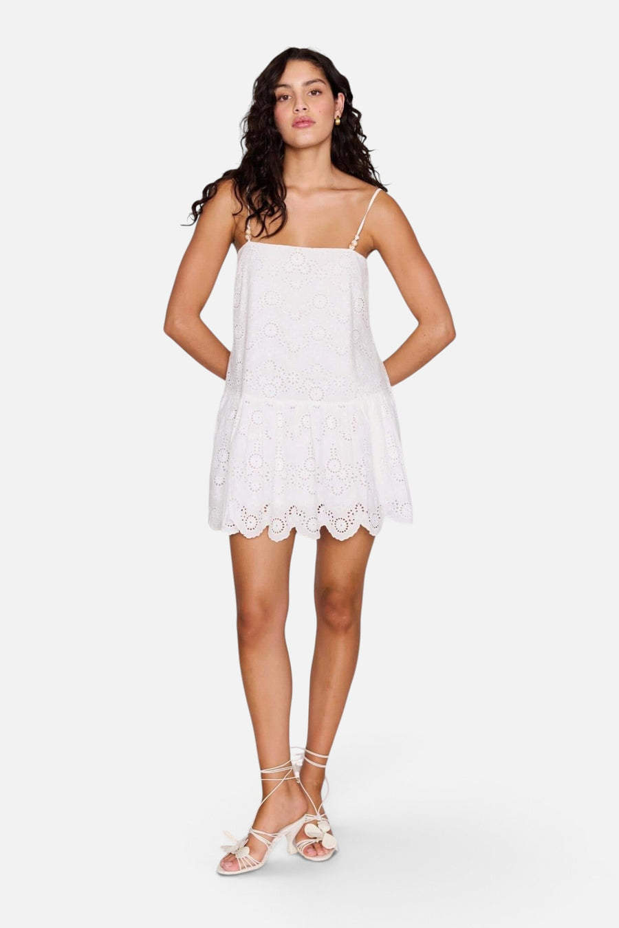 MINKPINK Tahlia Broidery Mini Dress in White – on model
