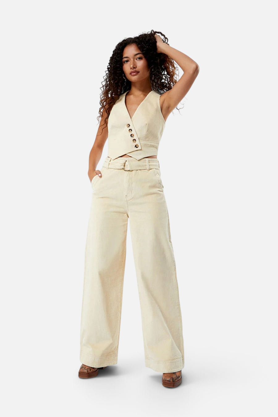 Minkpink Thea Corduroy Pants in Cream – front view