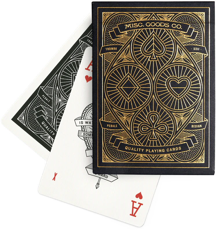 Misc. Goods Inc. Playing Cards and Leather Pouch Set in Black/Gold Foil – side view