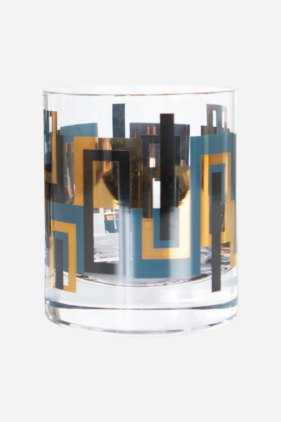 Mod Lounge Blue and Gold Mid Century Vintage Whiskey Rocks Cocktail Glass – front view