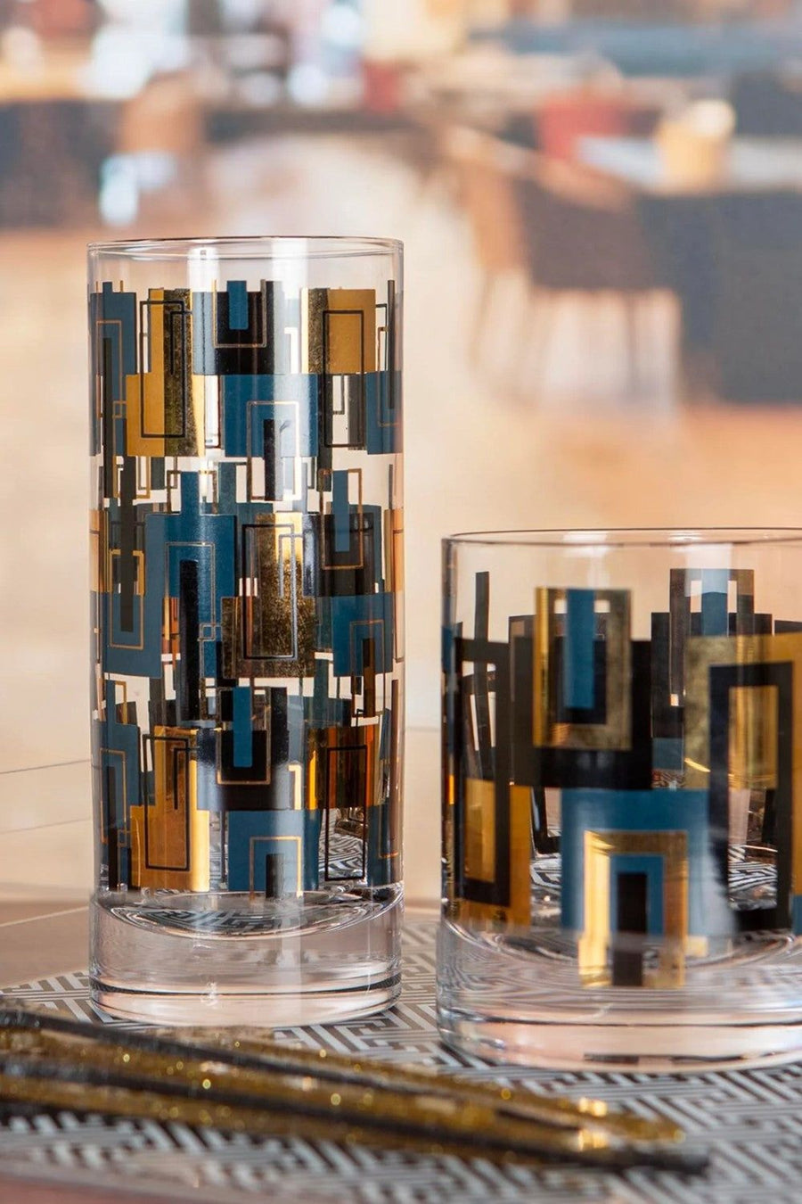 Mod Lounge Blue and Gold Squares Mid Century Tall Highball Vintage Cocktail Glass – back view