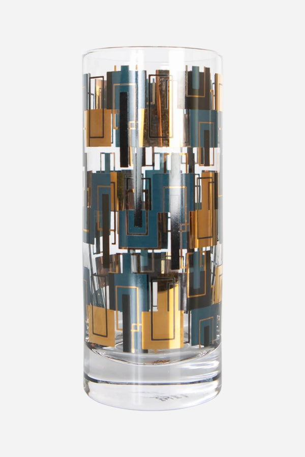 Mod Lounge Blue and Gold Squares Mid Century Tall Highball Vintage Cocktail Glass