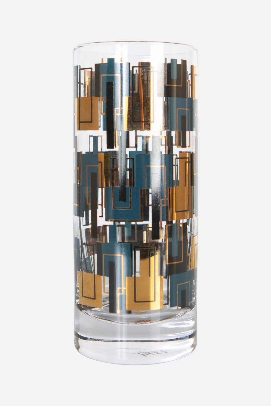 Mod Lounge Blue and Gold Squares Mid Century Tall Highball Vintage Cocktail Glass – front view