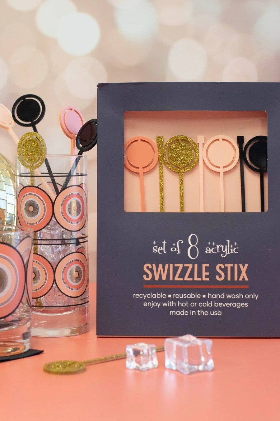 Mod Lounge Pink and Gold Round Acrylic Swizzle Stix Drink Stirrers – side view