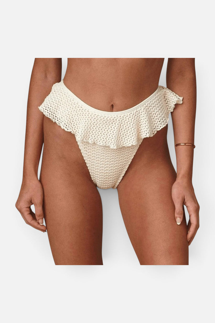 Montce Tamarindo Ruffle Bikini Bottom in Bone Crochet – front view
