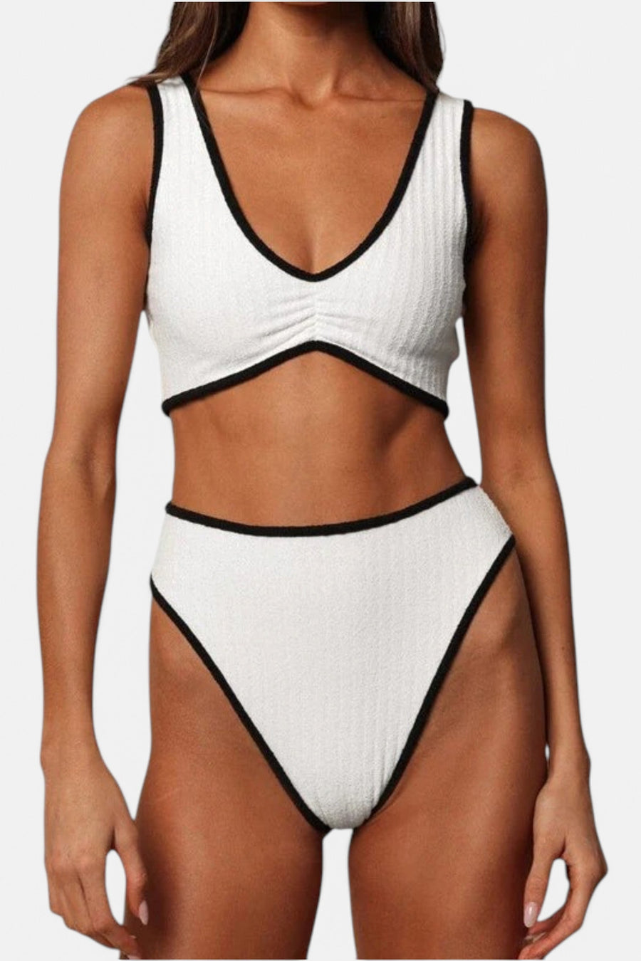 Montce X Olivia Culpo Cream Black Binded Terry Rib Paula Bikini Bottom – front view