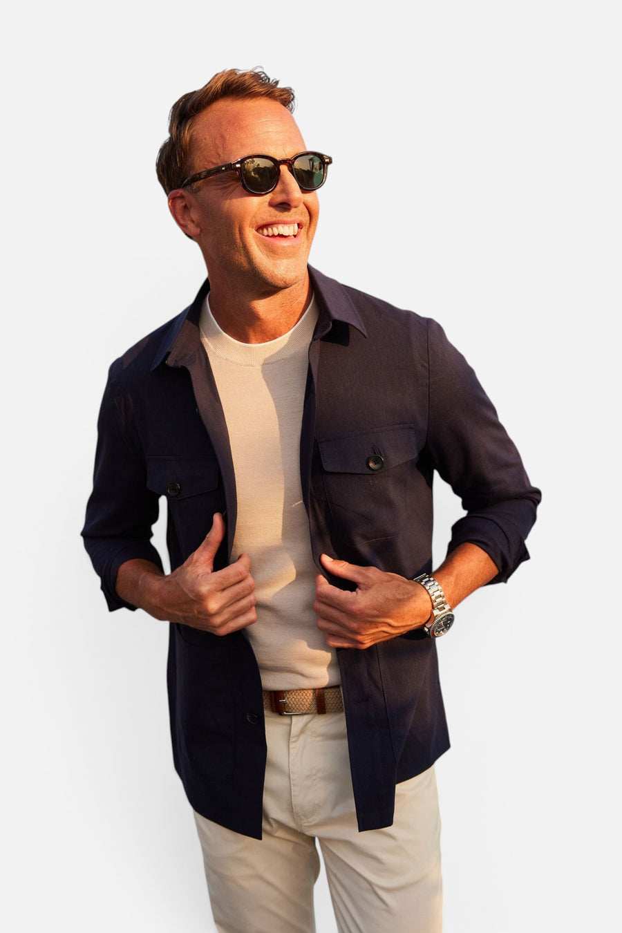 Monterey Cotton & Linen Overshirt in Navy – flat lay