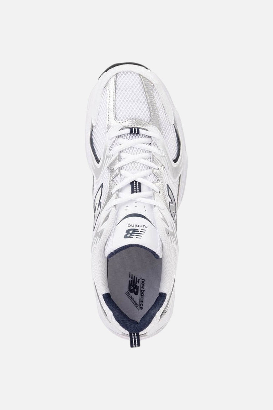 New Balance Unisex 530 Sneaker in White and Indigo Blue – flat lay