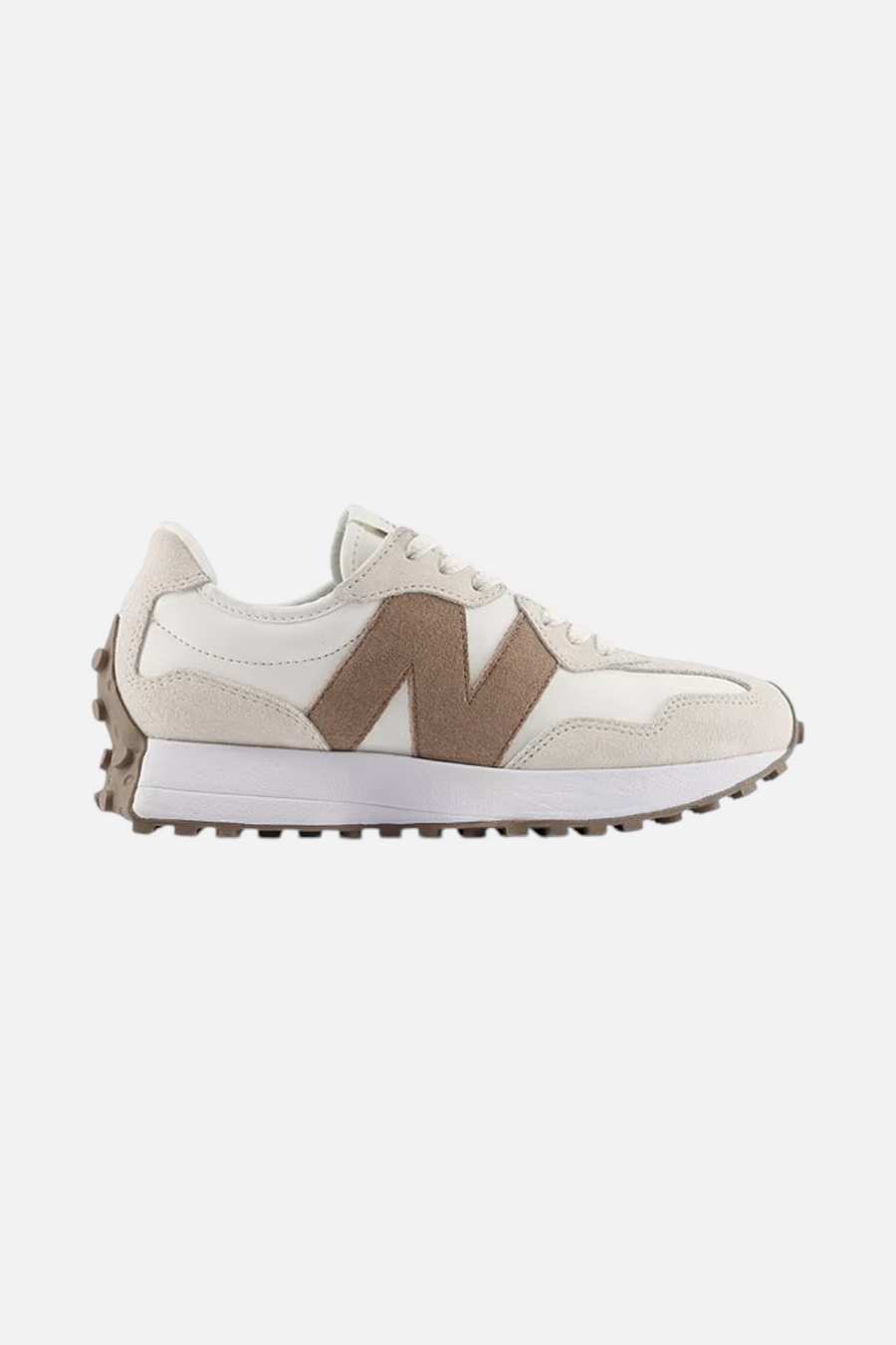 New Balance Women's 327 Lifestyle Sneakers in Linen, Sea Salt and Mushroom – back view
