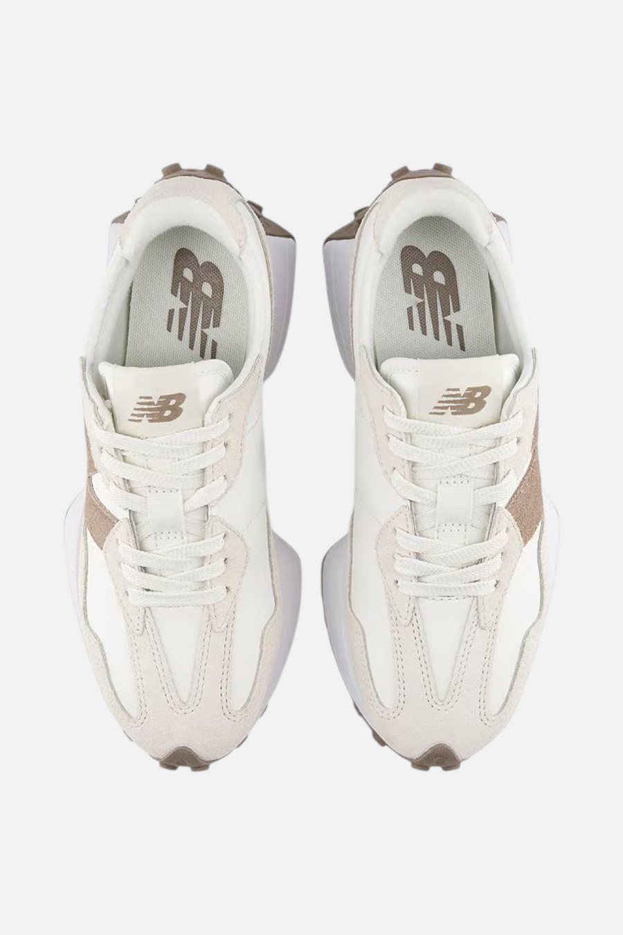 New Balance Women's 327 Lifestyle Sneakers in Linen, Sea Salt and Mushroom – flat lay