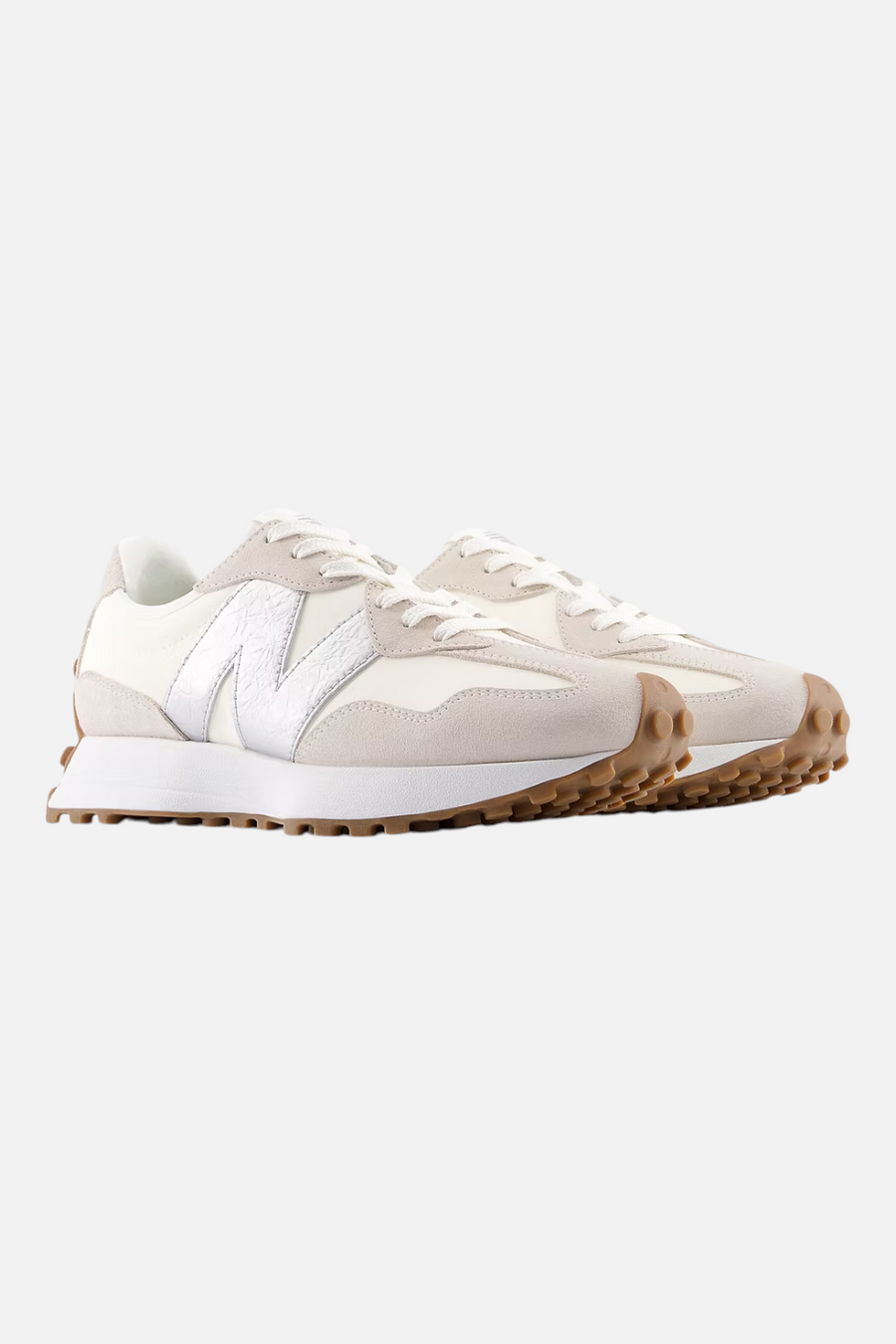 New Balance Women's 327 Sneaker in Angora & Silver Metallic – back view
