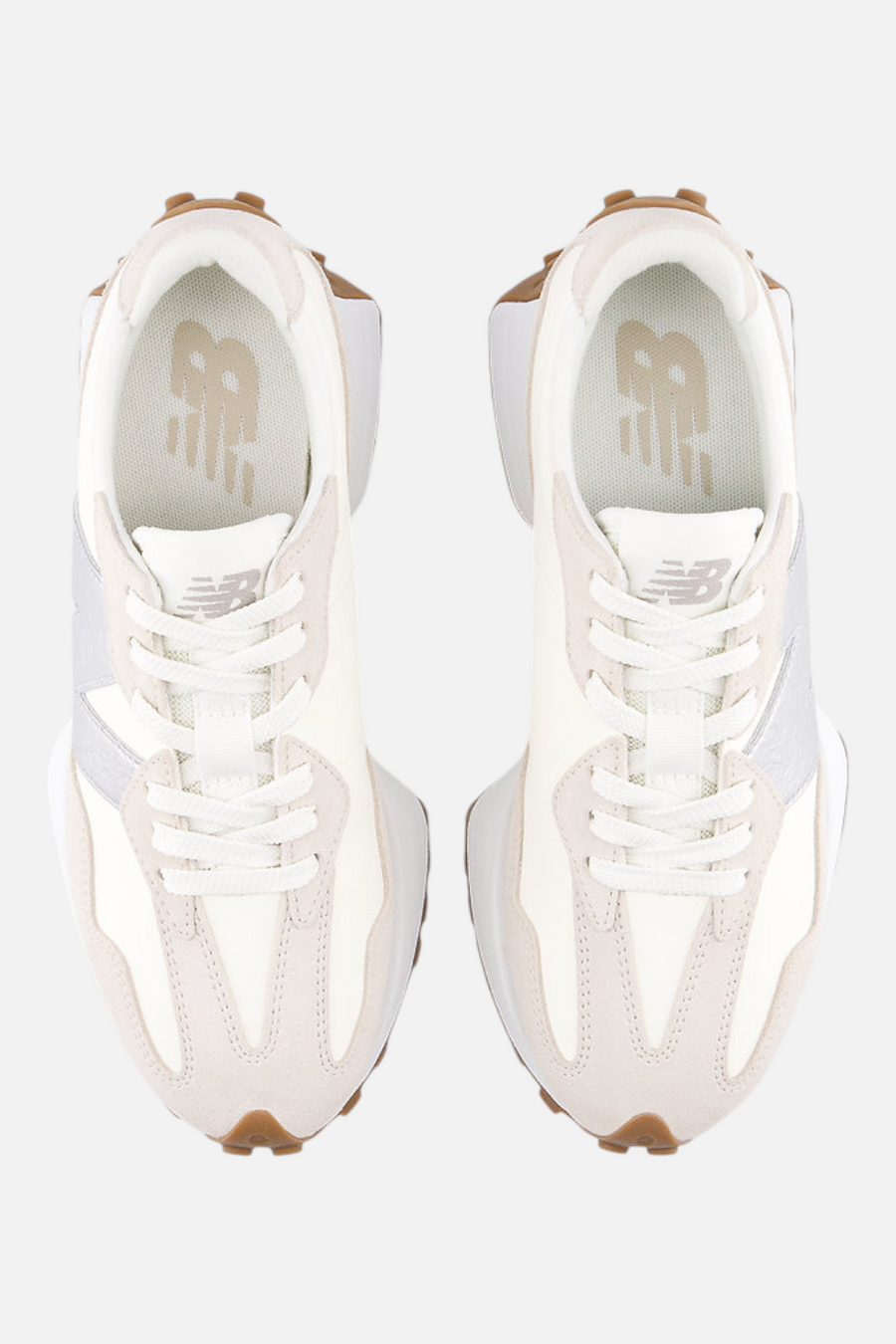 New Balance Women's 327 Sneaker in Angora & Silver Metallic – flat lay