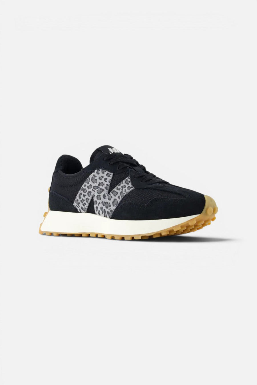 New Balance Women's 327 Sneaker in Black Leopard – front view