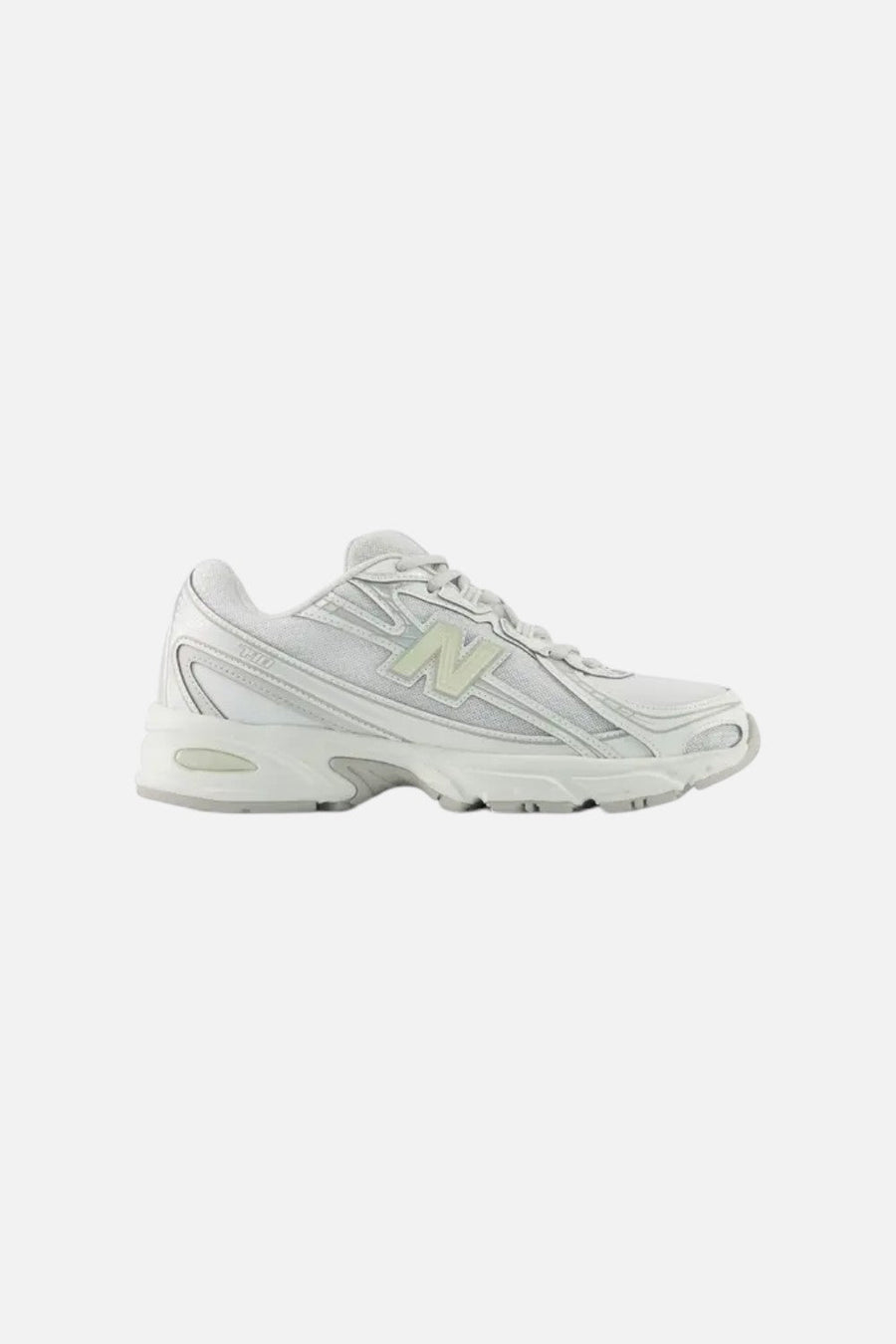 New Balance Women's 740 Sneaker in White, Silver Metallic, and Light Green – flat lay