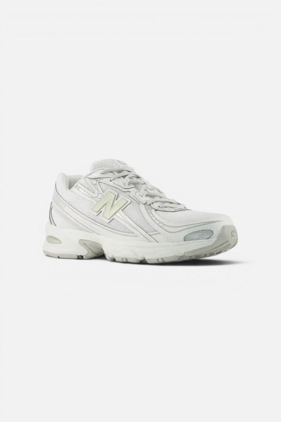 New Balance Women's 740 Sneaker in White, Silver Metallic, and Light Green – front view