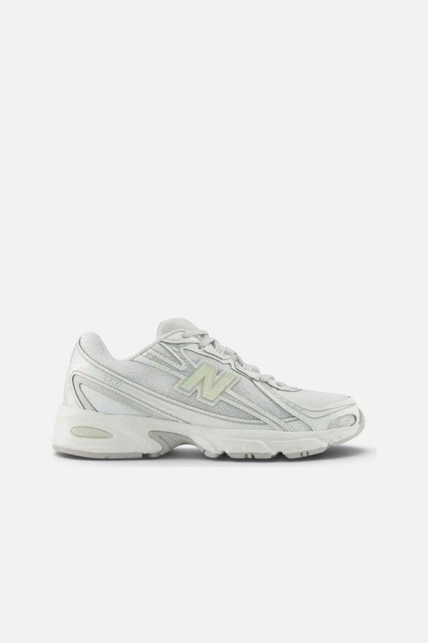 New Balance Women's 740 Sneaker in White, Silver Metallic, and Light Green