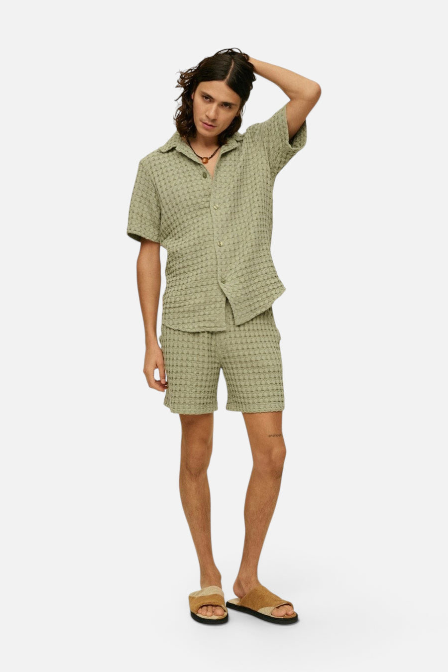 OAS Dusty Green Cuba Waffle Shirt – back view