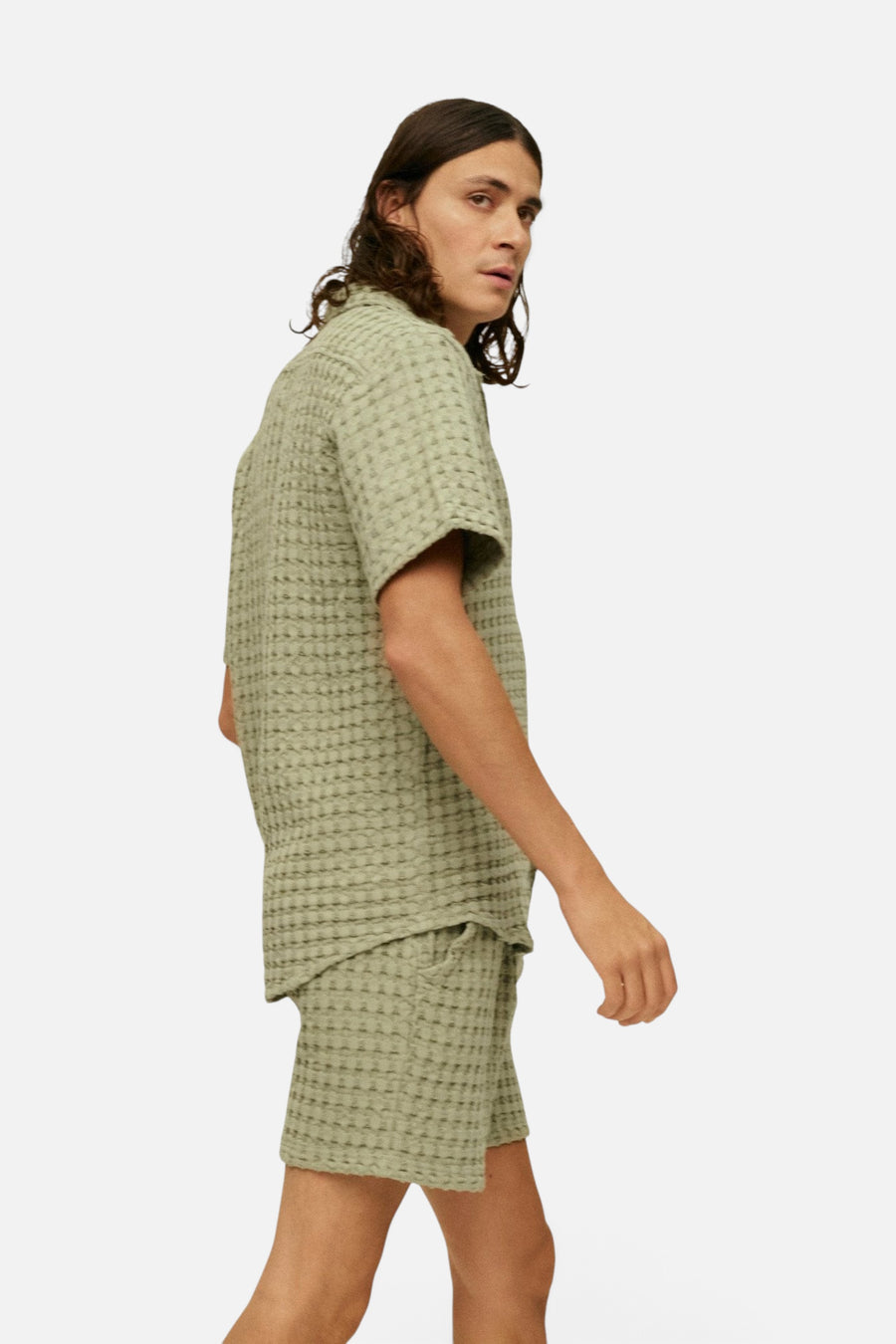 OAS Dusty Green Cuba Waffle Shirt – detail