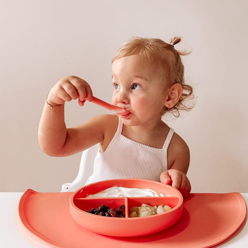 OB Designs Suction Divider Plate & Spoon Set in Guava – back view