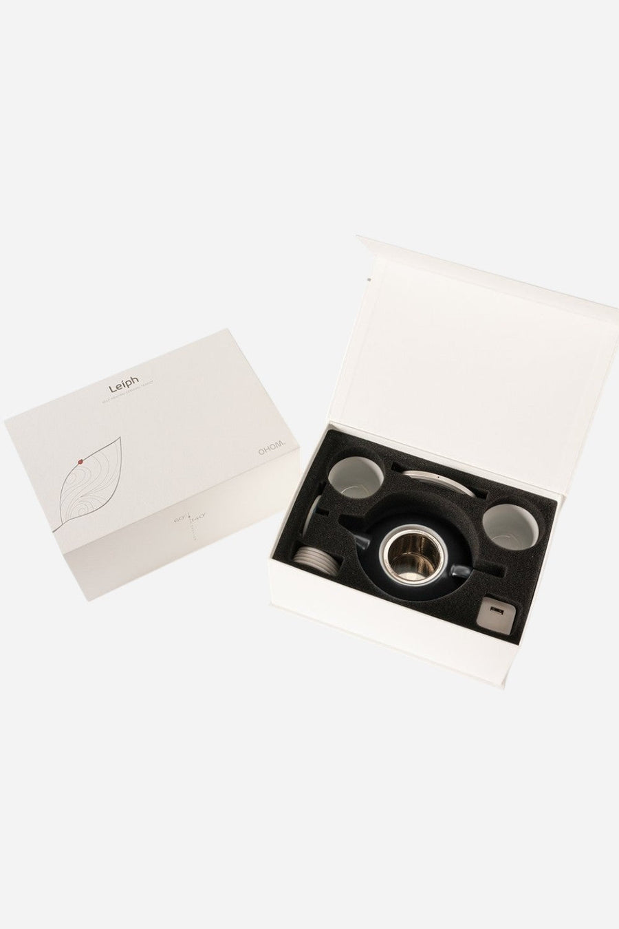 OHOM Leiph Self Heating Teapot & Charging Pad Set in Inkstone Black – flat lay