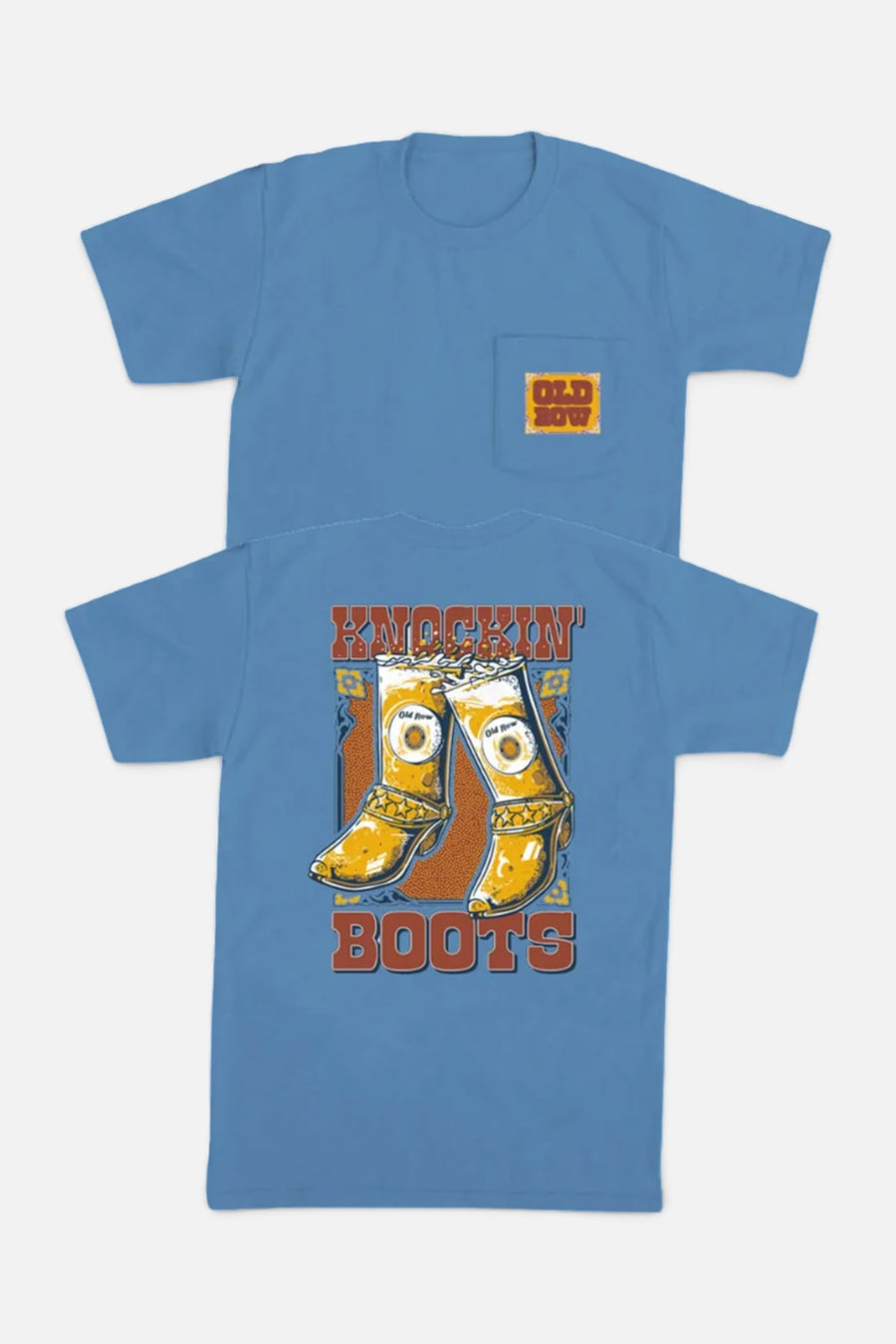 Old Row Knockin' Boots Pocket Tee in Denim – flat lay front and back