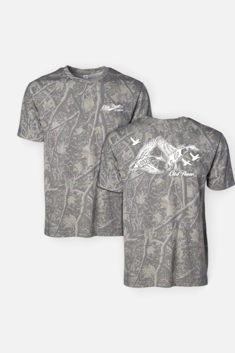 Old Row Outdoors Flocked Up Camo Tee in Grey – flat lay front and back