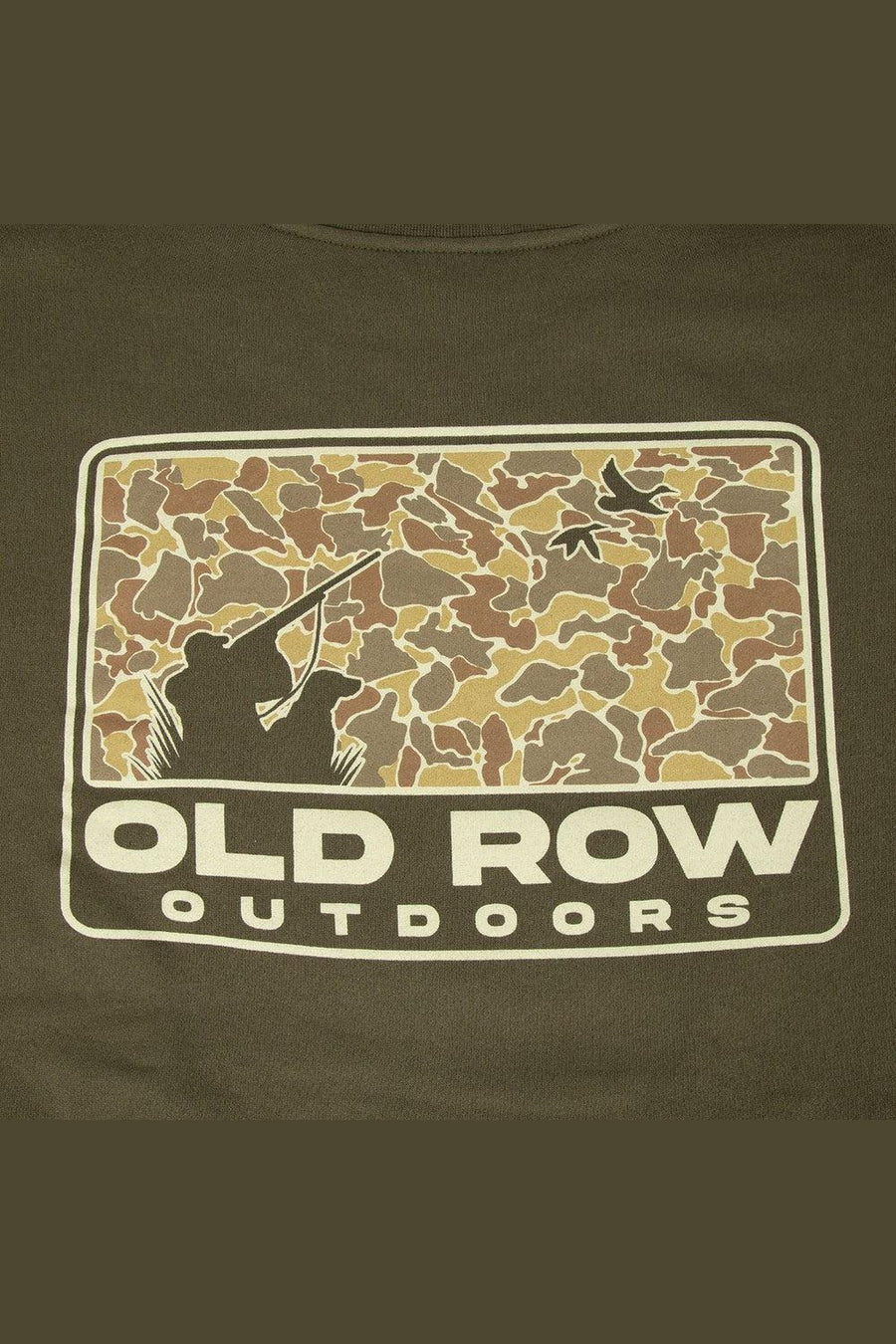 Old Row Outdoors The Duck Dog 80s Camo Crewneck in Army – back print detail