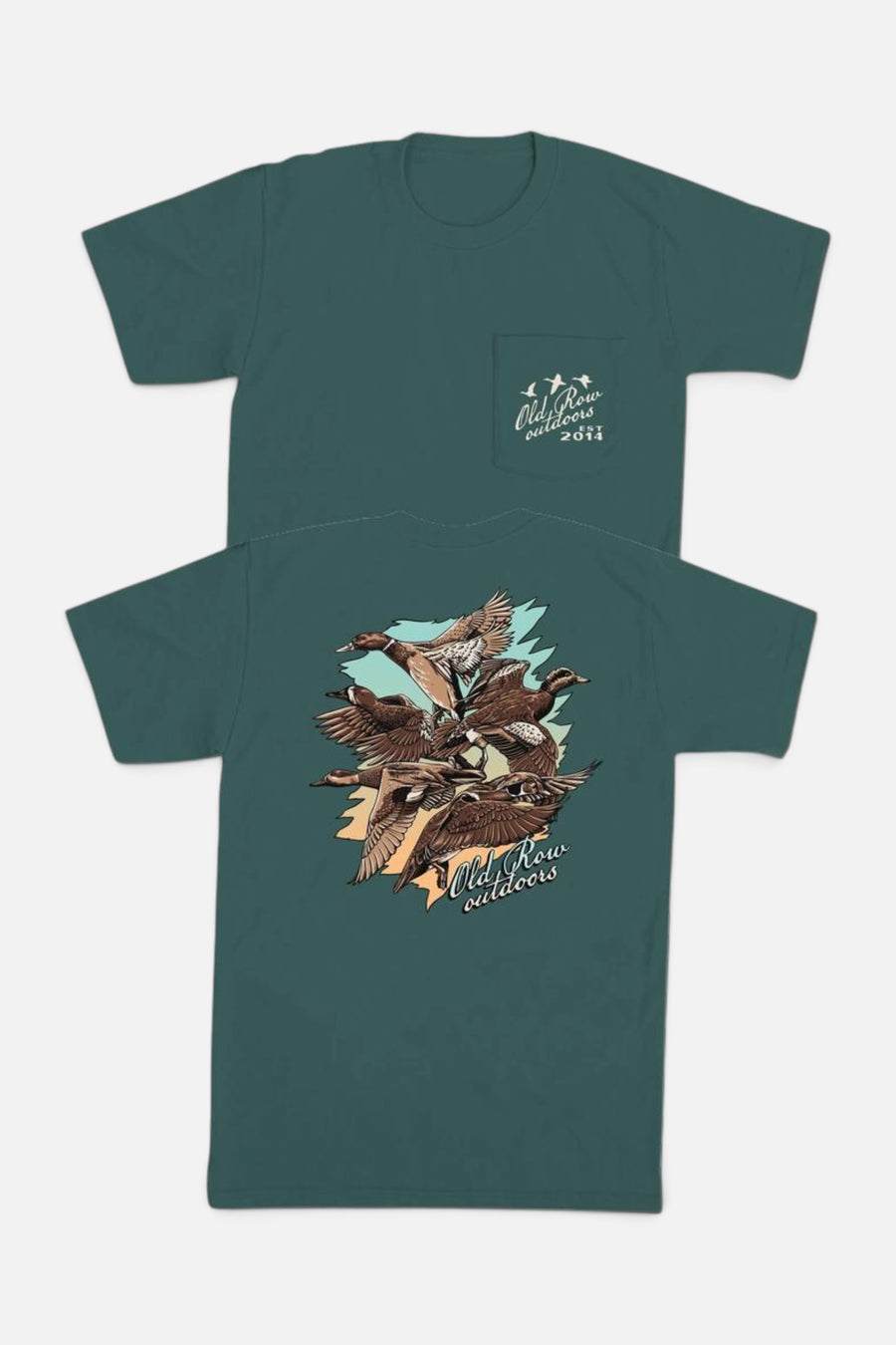 Old Row Outdoors The Five Ducks Pocket Tee in Moss – flat lay front and back