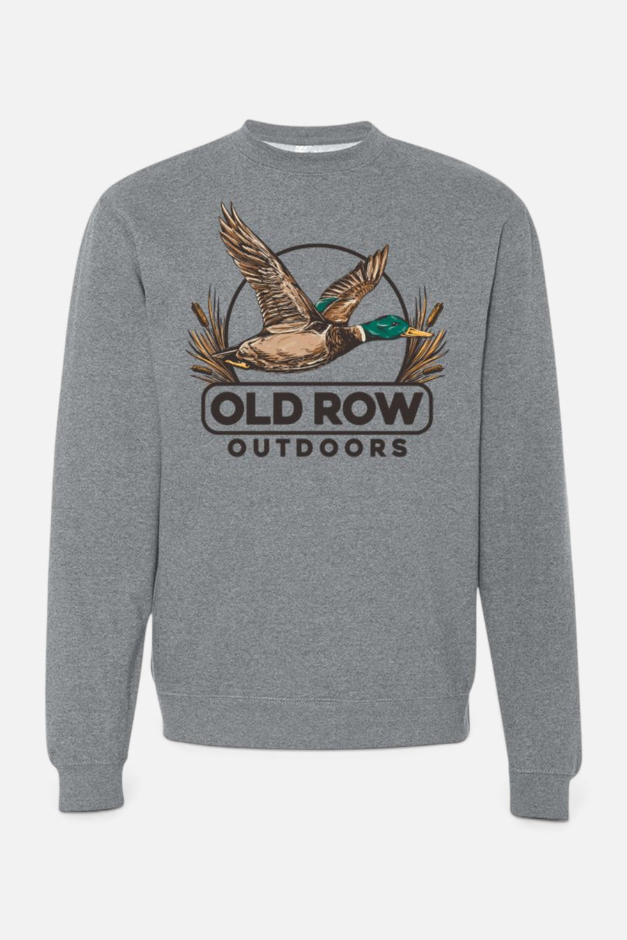 Old Row Outdoors The Mallard Crewneck in Grey – flat lay
