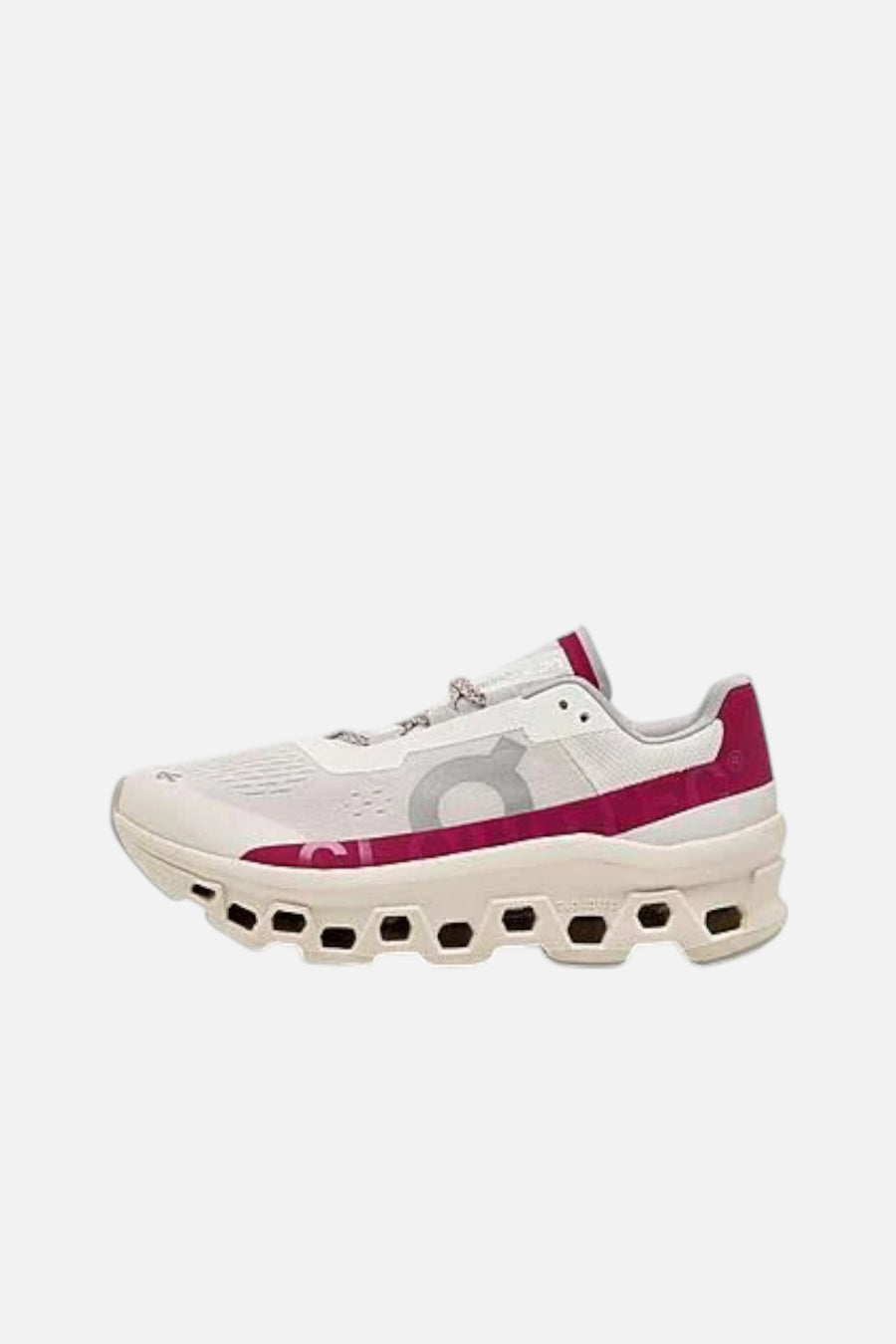 On Running Women's Cloudmonster in Ivory/Grenadine – side view