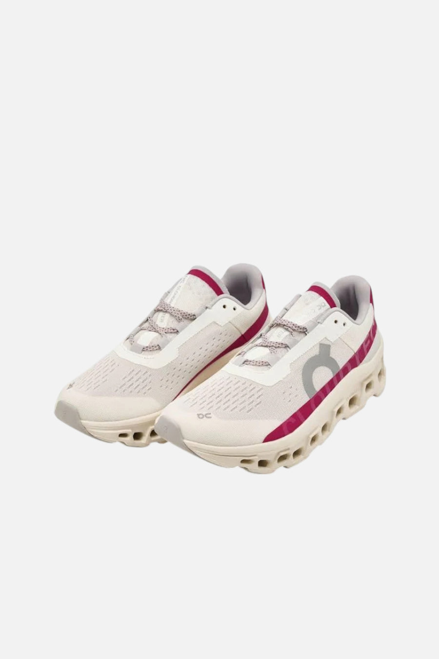 On Running Women's Cloudmonster in Ivory/Grenadine – three-quarter view