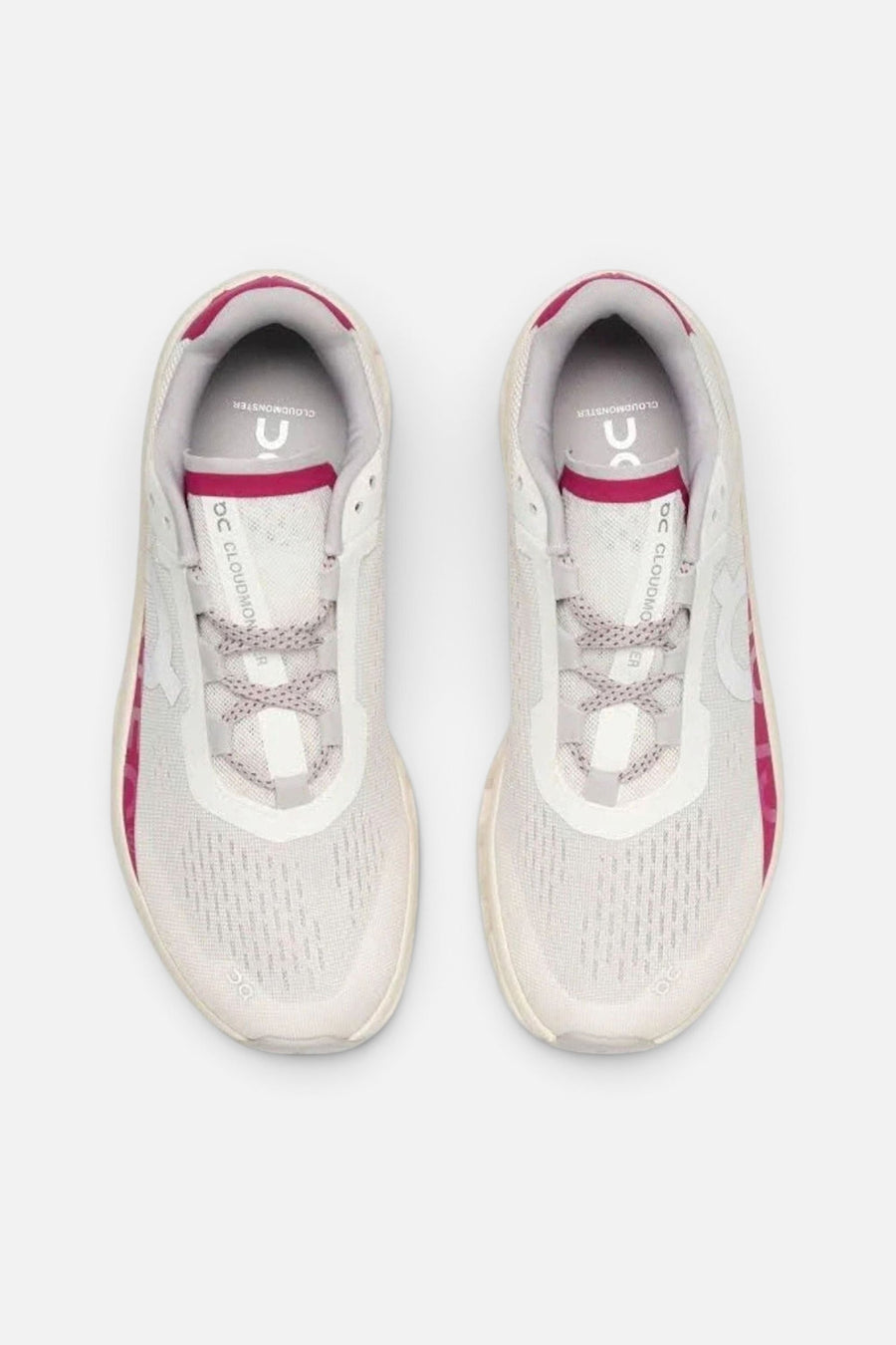 On Running Women's Cloudmonster in Ivory/Grenadine – top view