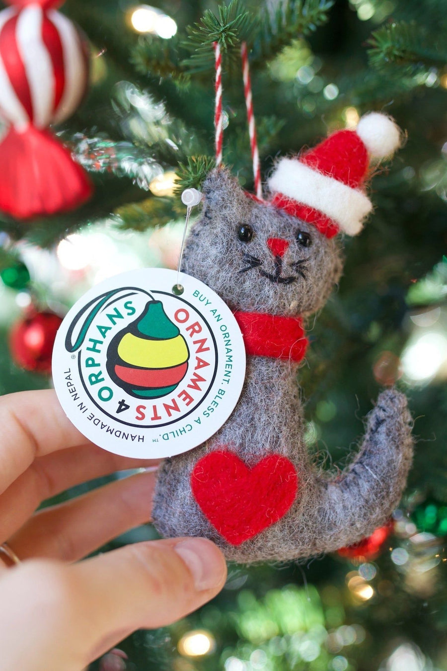 Ornaments 4 Orphans Cat In Santa Hat Felt Wool Ornament – back view