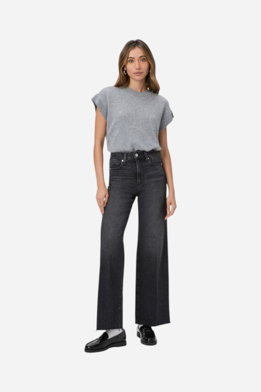 Paige Anessa 31" Wide Leg Jean in Viper Black Distressed – flat lay