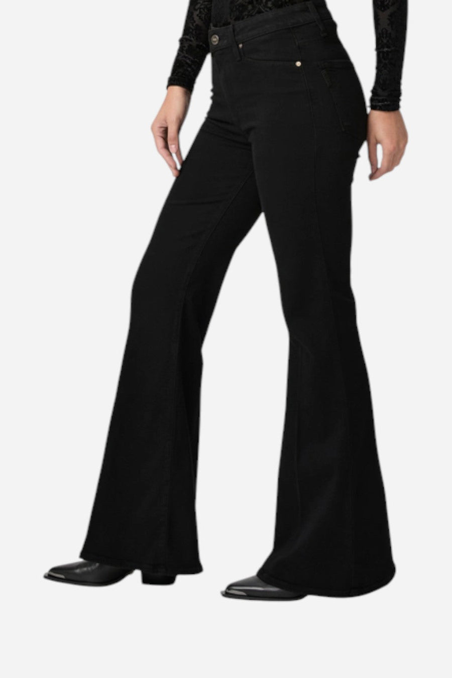Paige Charlie 32" Flare Jean in Black Shadow – back view