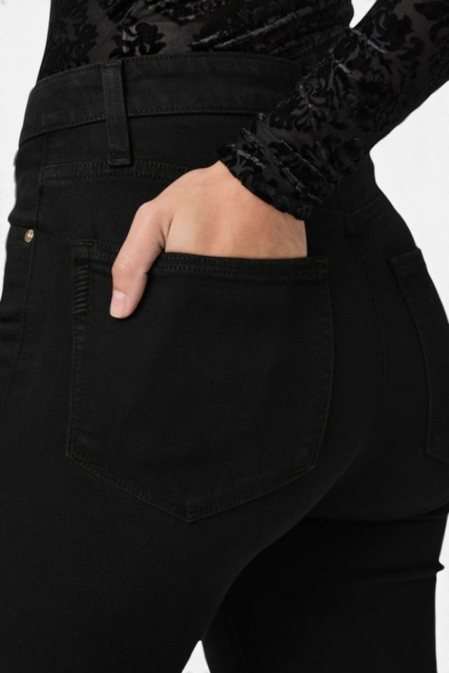 Paige Charlie 32" Flare Jean in Black Shadow – detail