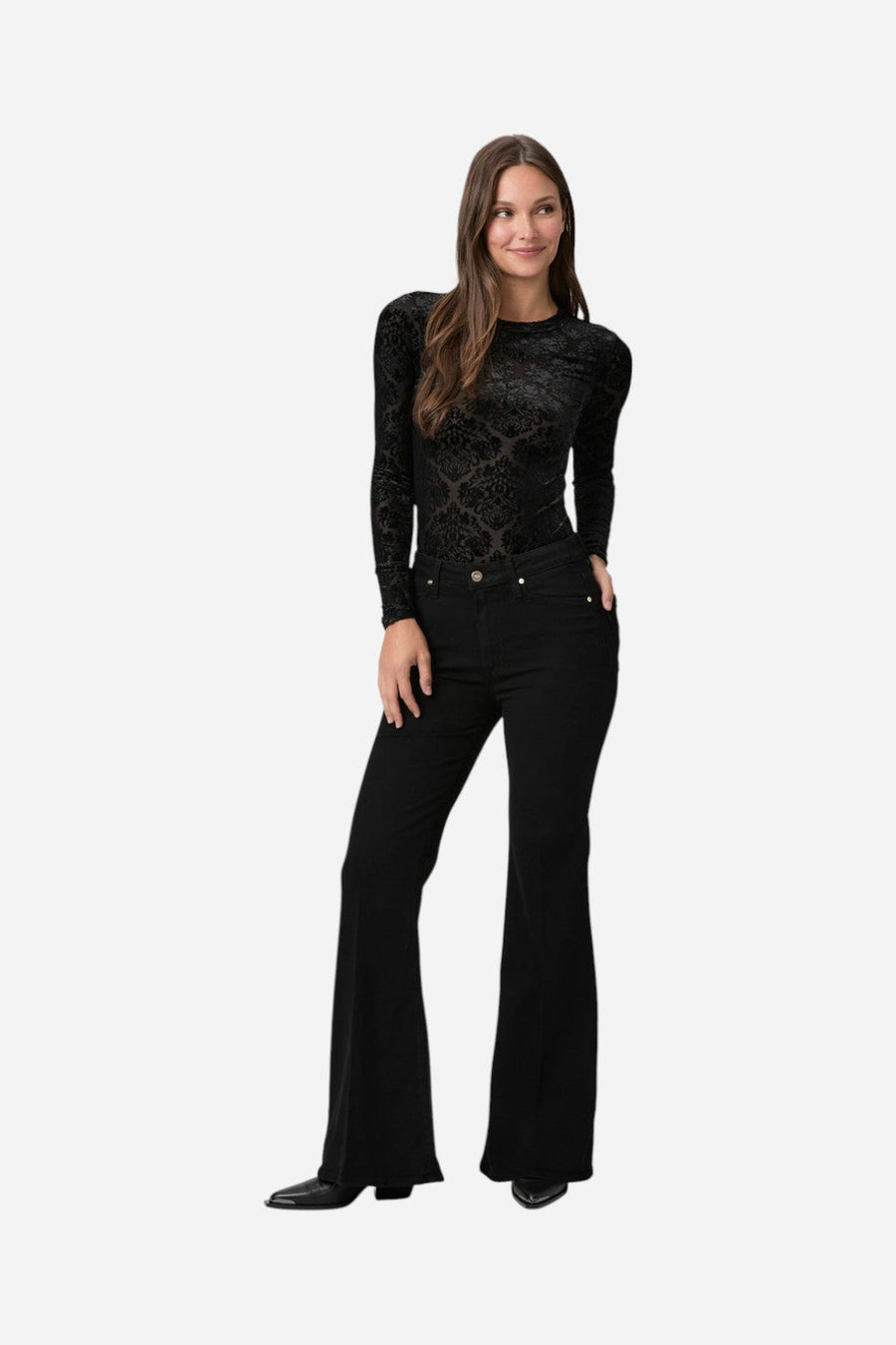 Paige Charlie 32" Flare Jean in Black Shadow – flat lay
