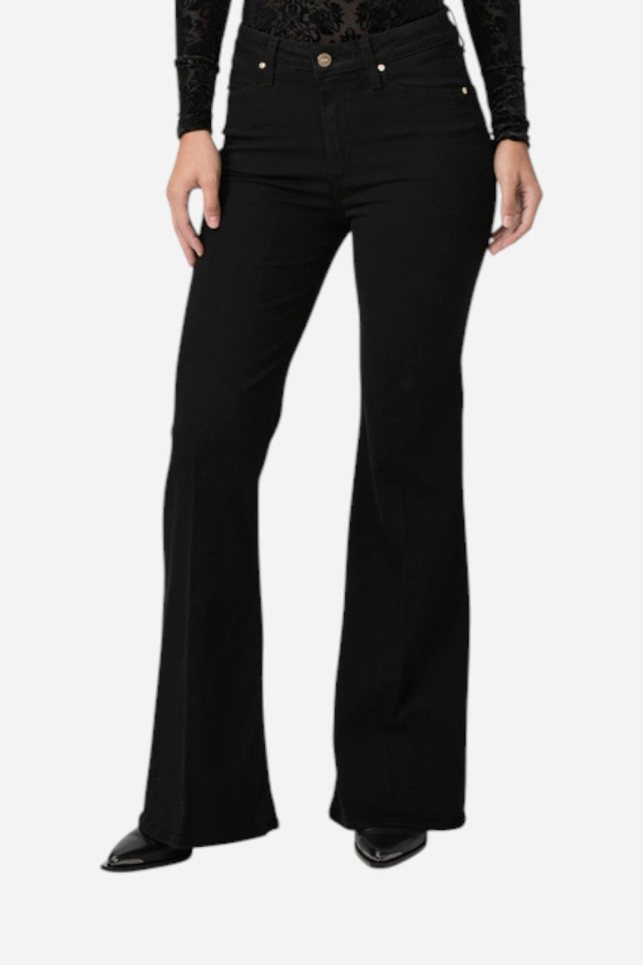 Paige Charlie 32" Flare Jean in Black Shadow – front view