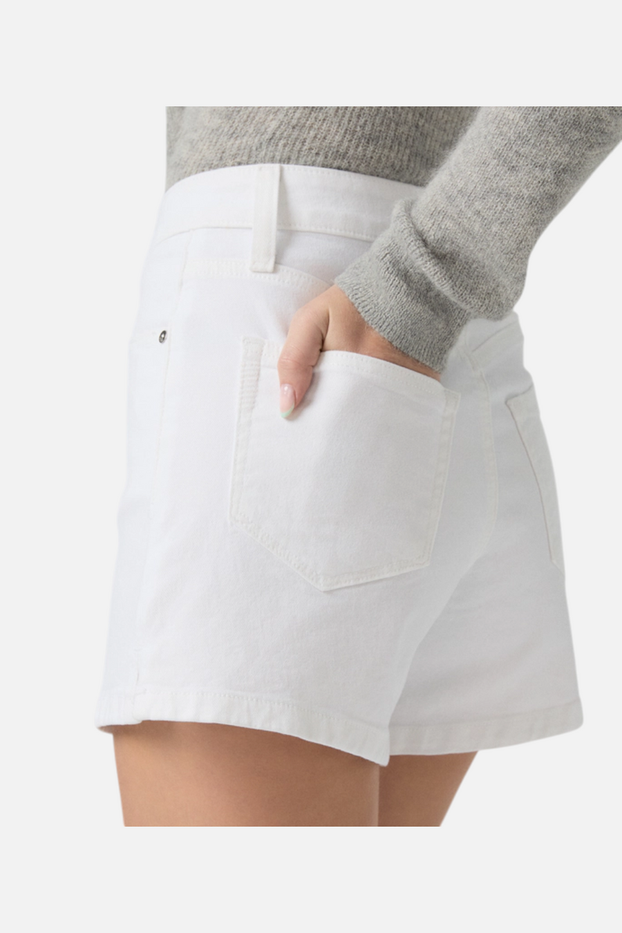 Paige Dani High-Rise A-Line Denim Shorts in Crisp White – flat lay