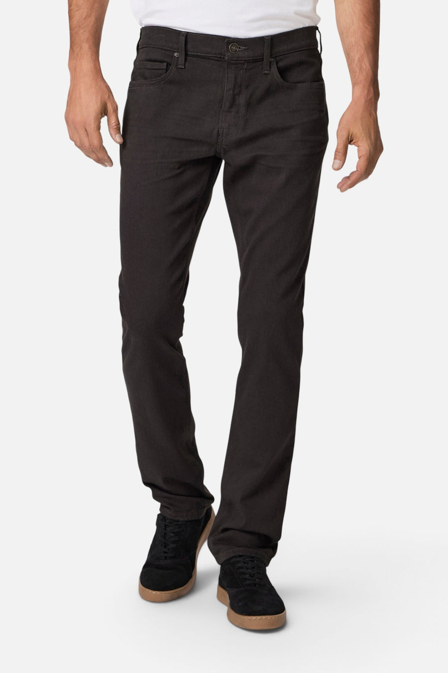 Paige Federal Slim Straight Jeans in Deep Chocolate – on model