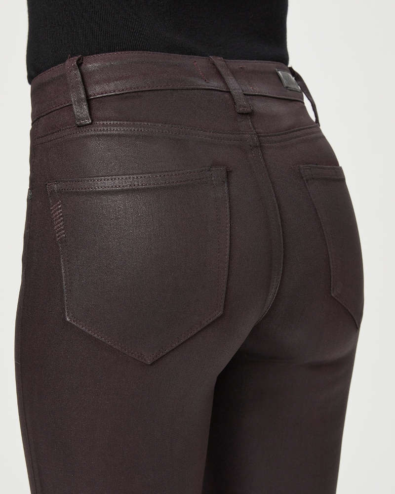 Paige High Rise Lou Lou Pants in Black Cherry Luxe Coating – flat lay